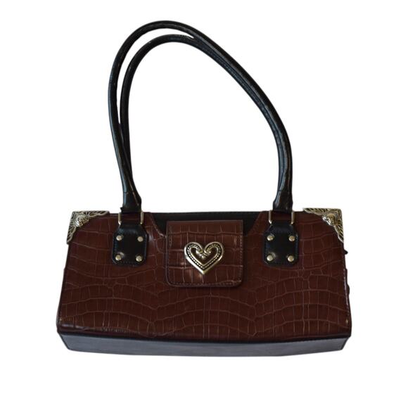 Y2K Dark Brown Faux Croc Leather Shoulder Bag with Silver Heart Concho Detail - Picture 1 of 7